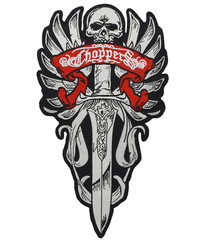 The embroidered patch. Attributes for bikers, rockers and metalheads. Patch with a skull and a sword.