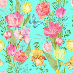 flower pattern with tulips and butterfly illustration watercolor. Floral print for printing on fabric