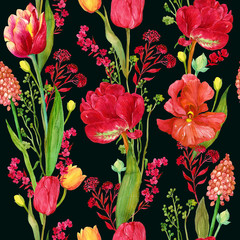 seamless pattern with tulips.watercolor illustration.for Wallpaper and fabric .flowers on a black background
