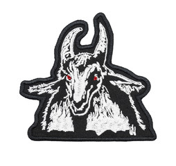 The embroidered patch. Attributes for bikers, rockers and metalheads. A patch with a goat. Baphomet. Occultism, the dark side of the world.