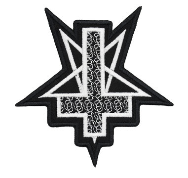 The embroidered patch. Attributes for bikers, rockers and metalheads. A patch with a pentogram and an inverted cross. Occultism, the dark side of the world.