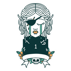 crying elf rogue character with natural one D20 roll illustration