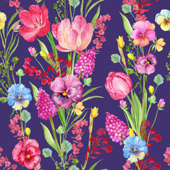 Fototapeta na wymiar floral pattern with tulips on a purple background.illustration in watercolor. Floral print for printing on fabric