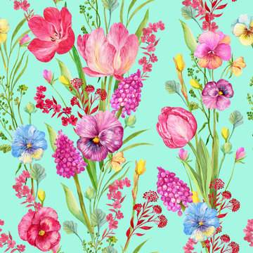 flower pattern with tulips and butterfly illustration watercolor. Floral print for printing on fabric
