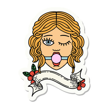 tattoo sticker with banner of winking female face with ball gag