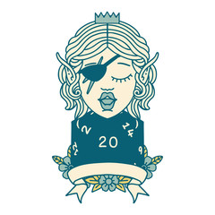 elf rogue character with natural twenty dice roll illustration