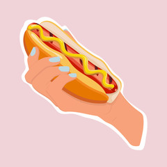Stock illustration of hot dog in the woman hand isolated on light pink background. Delicious fast food best choice poster template. All it needs is - text about price, special offers.