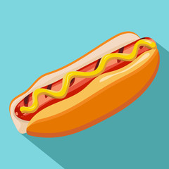 Hot dog, fast food - ketchup, sausage, bun isolated on blue background. Icon for web and mobile application. Vector illustration of button with long shadow. Flat design.