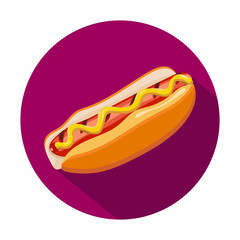 Hot dog, fast food - ketchup, sausage, bun isolated on pink background. Icon for web and mobile application. Illustration of button with long shadow. Flat design.