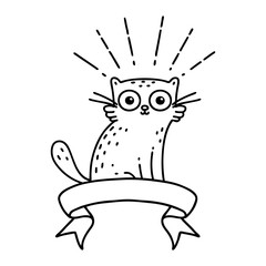 banner with black line work tattoo style surprised cat