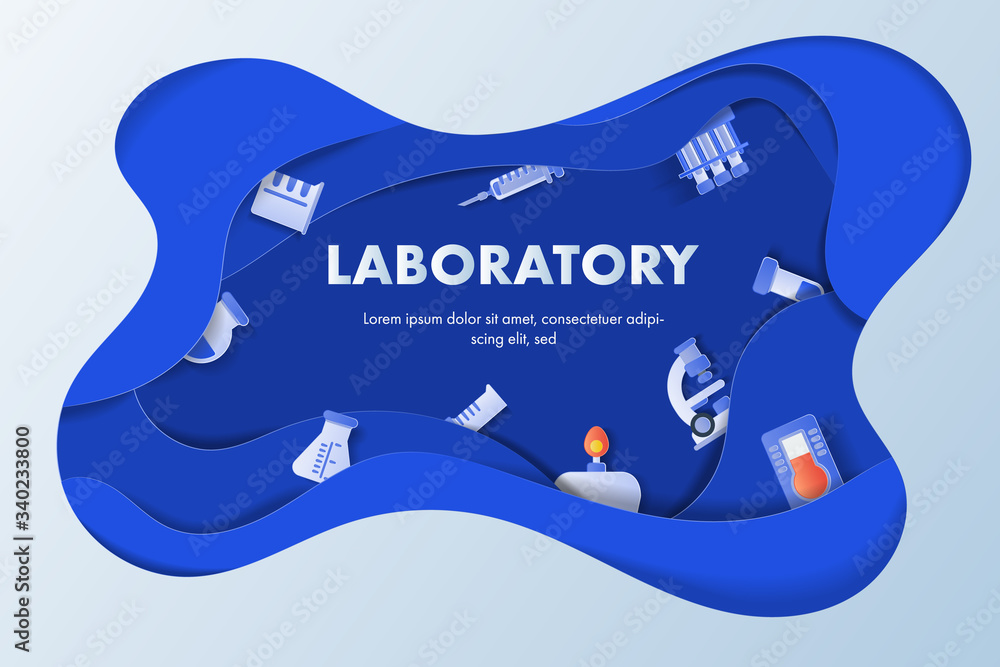Poster laboratory equipment in paper art style with copy space for text or message. concept science vector 