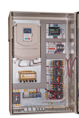 Frequency Converter, controller, thermostat, circuit breaker, intermediate relays, contactors with additional contacts and thermal relay, voltage transformer in the electrical Cabinet.