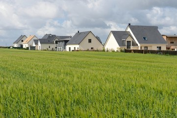Urbanisation des terres agricoles, lotissement récent en bordure de champ