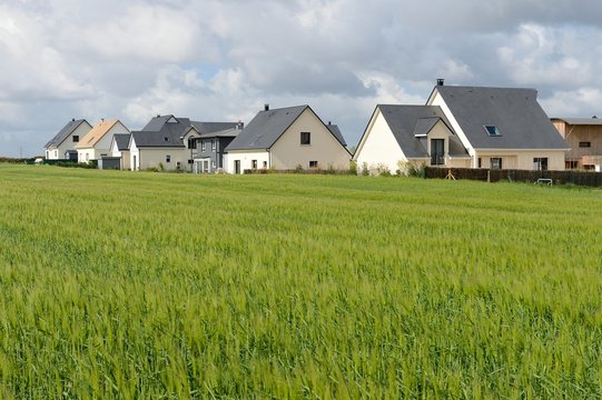 Urbanisation des terres agricoles, lotissement r&eacute;cent en bordure de champ