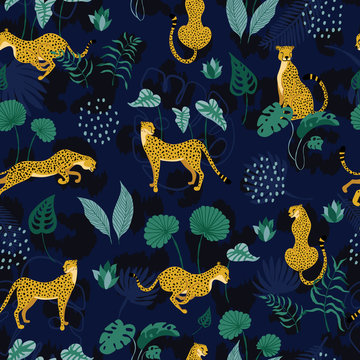 Seamless pattern of summer paradise in tropical jungles with cheetahs and tropical foliage on dark blue backdrop. Trendy style. Wild cats in different poses surrounded by exotic plants and dots © Mo'i