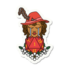 crying human bard with natural one D20 dice roll sticker