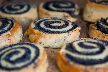 Homemade sweet bun rolls with poppy seeds. Pastries
