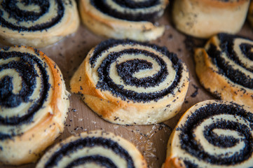 Homemade sweet bun rolls with poppy seeds. Pastries