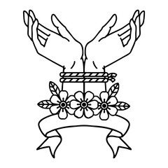 black linework tattoo with banner of hands tied