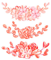 Watercolor pink flower, sakura leaf and branch. Isolated elements. Illustration for textile, restourants, flower shops.