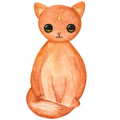Watercolor cute cat. Cartoon animal character.Illustration for birthday, cartoon, print, game, textile.