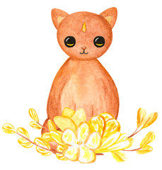 Watercolor cute cat. Cartoon animal character.Illustration for birthday, cartoon, print, game, textile.