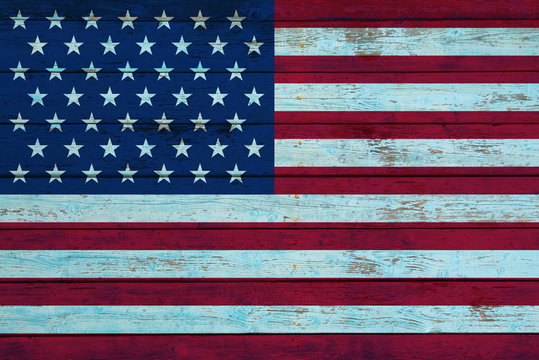 American flag painted on old wooden wall. USA national flag