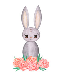Watercolor cute rabbit. Cartoon animal character. Illustration for birthday, cartoon, print, game, textile.