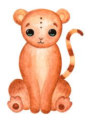 Watercolor cute cat. Cartoon animal character.Illustration for birthday, cartoon, print, game, textile.