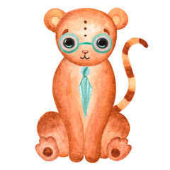 Watercolor cute cat. Cartoon animal character. Illustration for birthday, cartoon, print, game, textile.