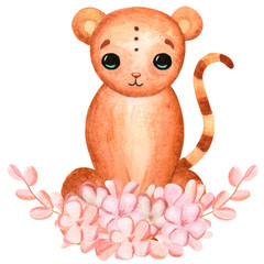 Watercolor cute cat. Cartoon animal character. Illustration for birthday, cartoon, print, game, textile.