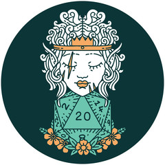 elf barbarian character with natural 20 dice roll icon