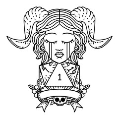 crying tiefling face with natural 1 D20 Dice illustration