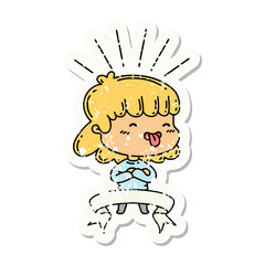 grunge sticker of tattoo style girl sticking out tongue