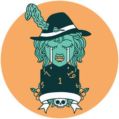 crying orc bard character with natural one D20 roll icon