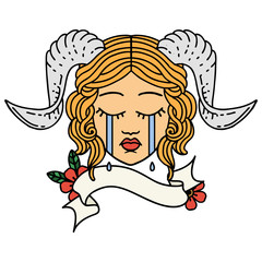 crying tiefling character face with scroll banner illustration