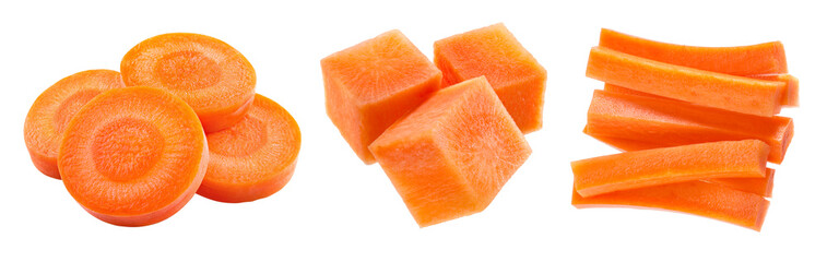 Carrot isolate. Carrots on white background. Carrot slice, sticks, cubes.