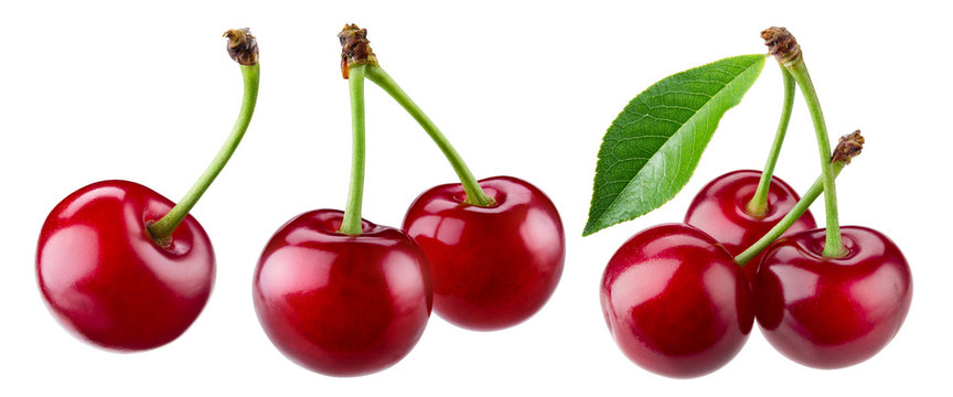 Cherry isolated. Sour cherry. Cherries with leaves on white background. Sour cherries on white. Cherry set.