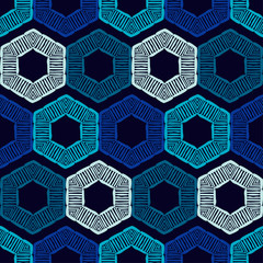 Hexagon. Design with manual hatching. Ethnic boho ornament. Seamless background. Tribal motif. Vector illustration for web design or print.