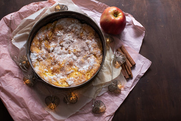 Homemade delicious fresh baked rustic apple pie and cinnamon on dark wooden background