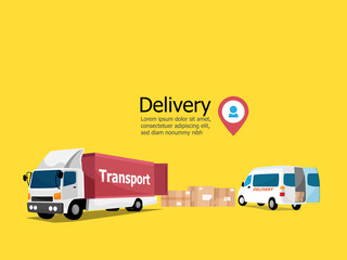 delivery service concept, parcel box with truck and van transport