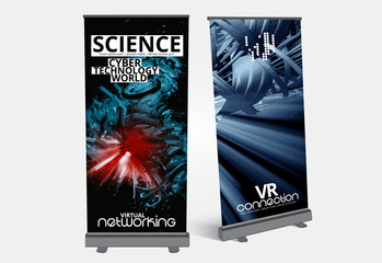 Roll-up banner design, abstract technology concept with 3D rendering background
