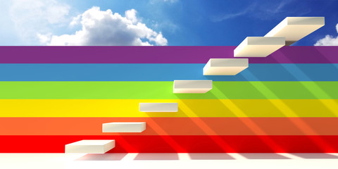 Stairs to the sky on a rainbow. The sky, seven colors of the rainbow and white steps. Exit to the rainbow.