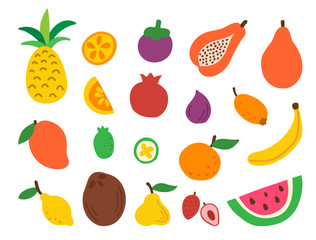 Doodle fruit set isolated on white background. Natural tropical fruits. Hand drawn organic food. Healthy fresh salad. Cartoon icons. Vegan menu. Summer sale collection. Vector illustration