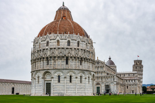 The Pisa Baptistery with the Cathedral and Leaning Tower of Pisa, Tuscany, Italy