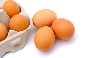 Close-up view of raw chicken eggs on background