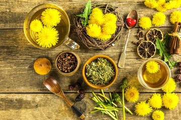 Herbal tea infusion of fresh dandelion leaf, with yellow blossoms. Medicinal plant dandelion...