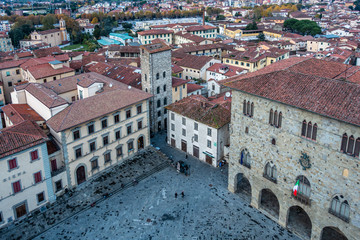 Aerial view of Piazza del duomo, the main square of Pistoia historic center, Tuscany, Italy