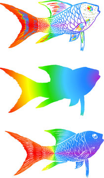 multi colored fishes hand drawing tshirt print embroidery graphic design vector art