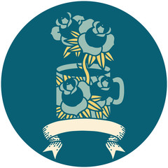 icon with banner of a cup and flowers